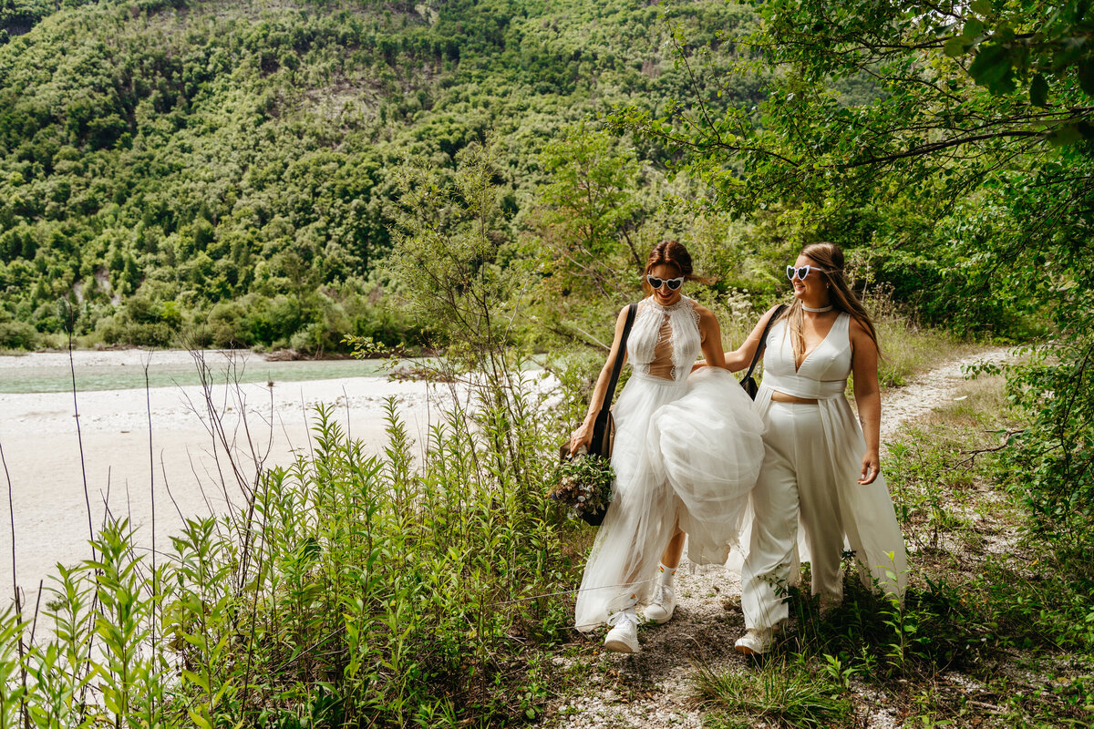 romantic brides in Soča Valley river elopement
