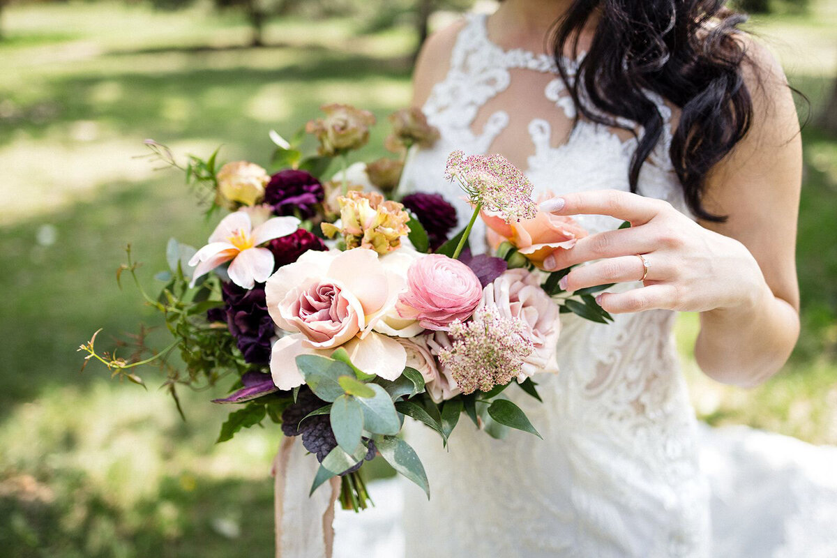 Burgundy and pink, fall-inspired bridal bouquet by The Romantiks, romantic wedding florals based in Calgary, AB & Cranbrook, BC. Featured on the Brontë Bride Vendor Guide.