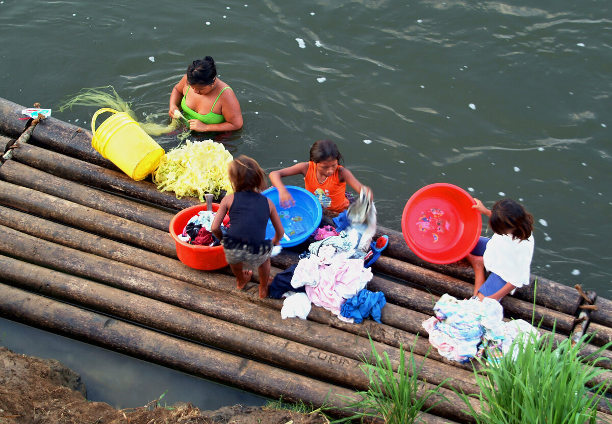 Freshly cut chunga palm leaves are washed alongside daily laundry