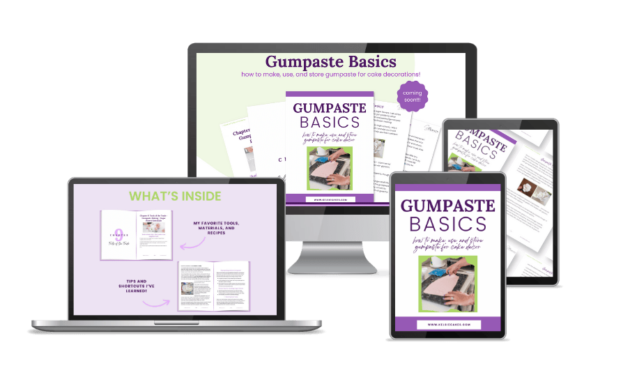 preview of gumpaste basics: how to make, use, and store gumpaste for cake decorations on a mockup of a computer, laptop, and two tablet screens