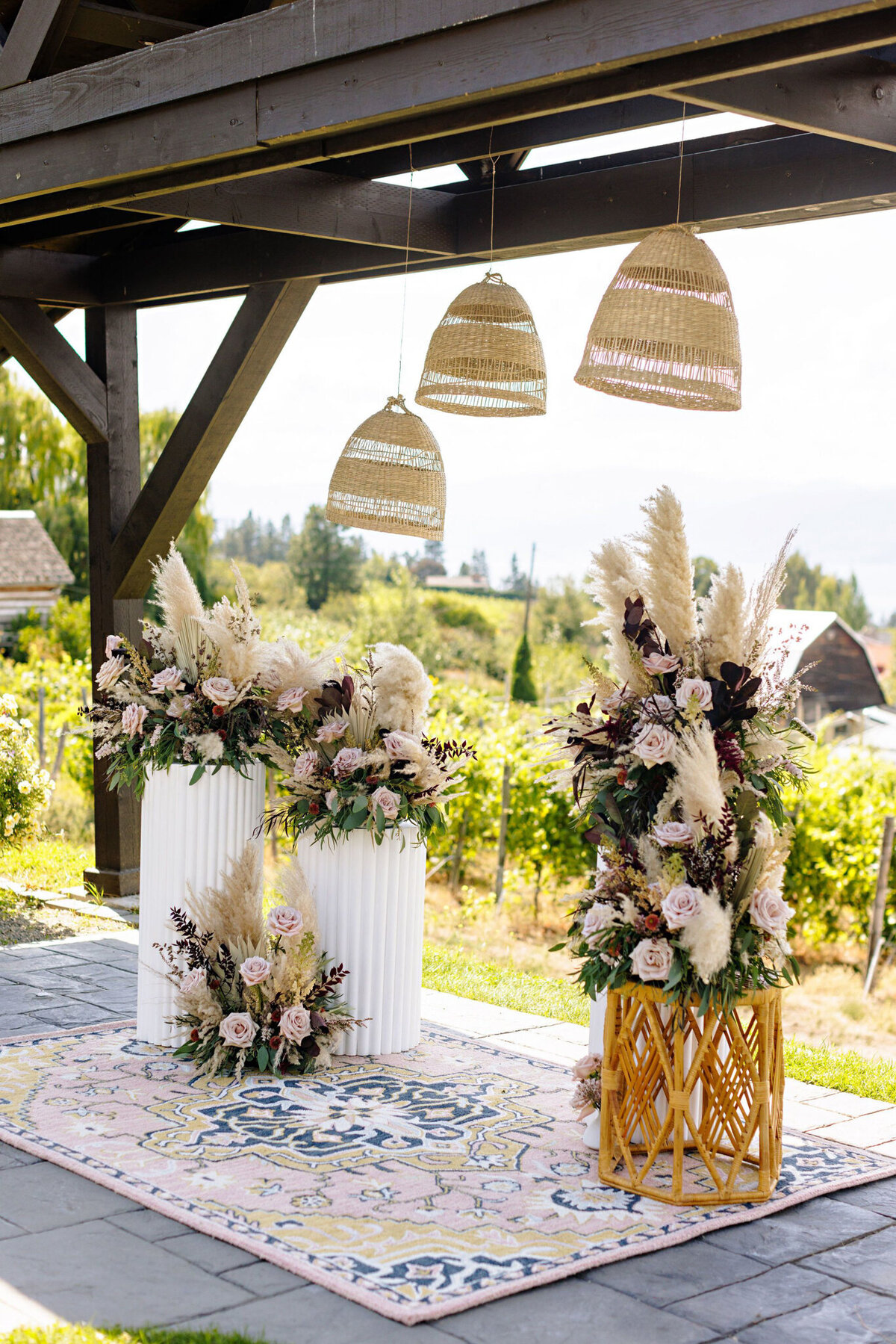 Bohemian ceremony set up, florals by Valley Bloom Co, bright and airy wedding florals based in Kelowna, BC. Featured on the Brontë Bride Vendor Guide.