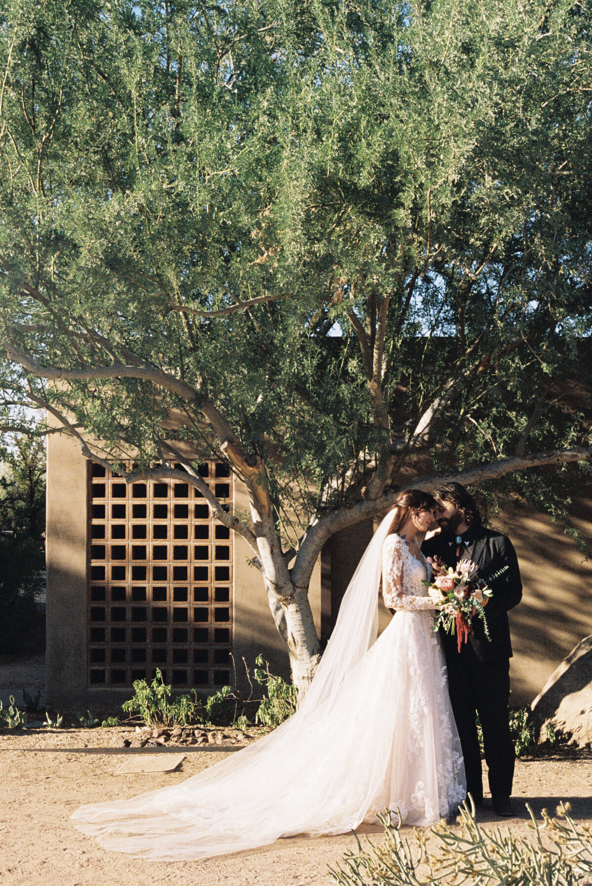 bride and groom full body photo as they tilt their heads together captured on 35mm film at the desert botanical gardens in phoenix arizona
