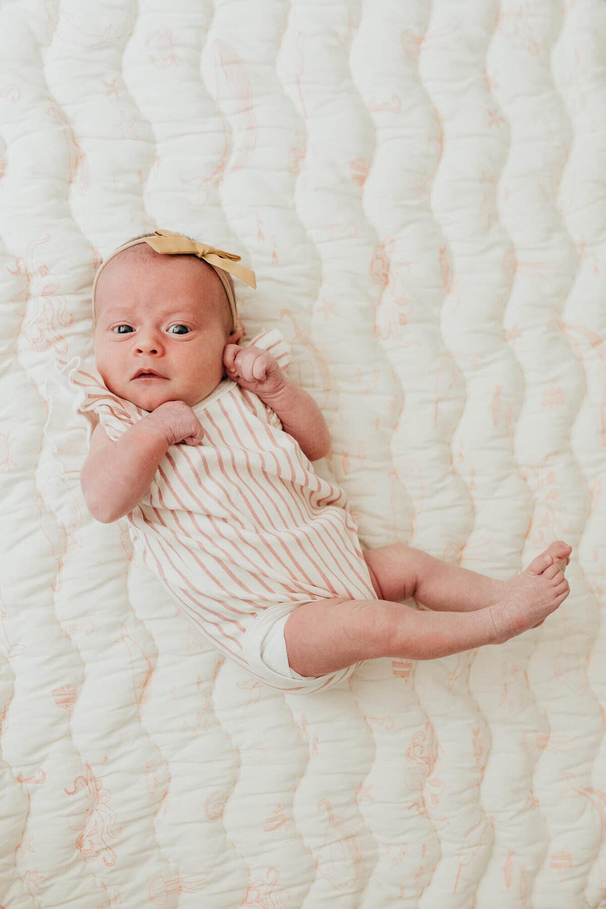 A newborn baby girl wearing a cute pink and white striped romper and soft golden bow looks at the camera as she lays on a soft white and pink quilt