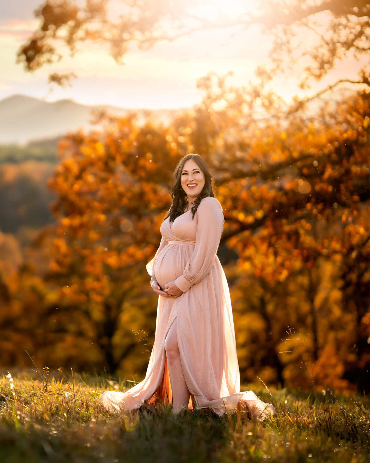 A beautiful mama to be cradles her baby bump while standing in the grass in a long pink dress while the sun sets behind her