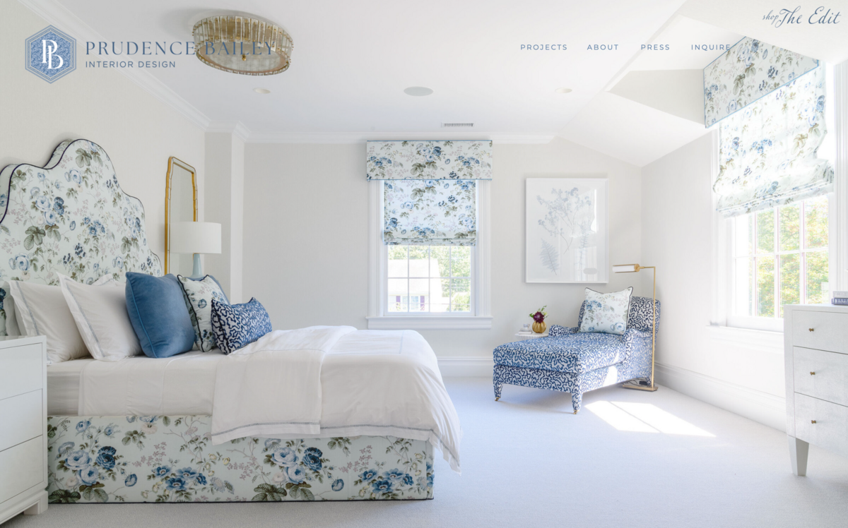 Prudence Bailey Interior Design Landing Page featuring a bedroom