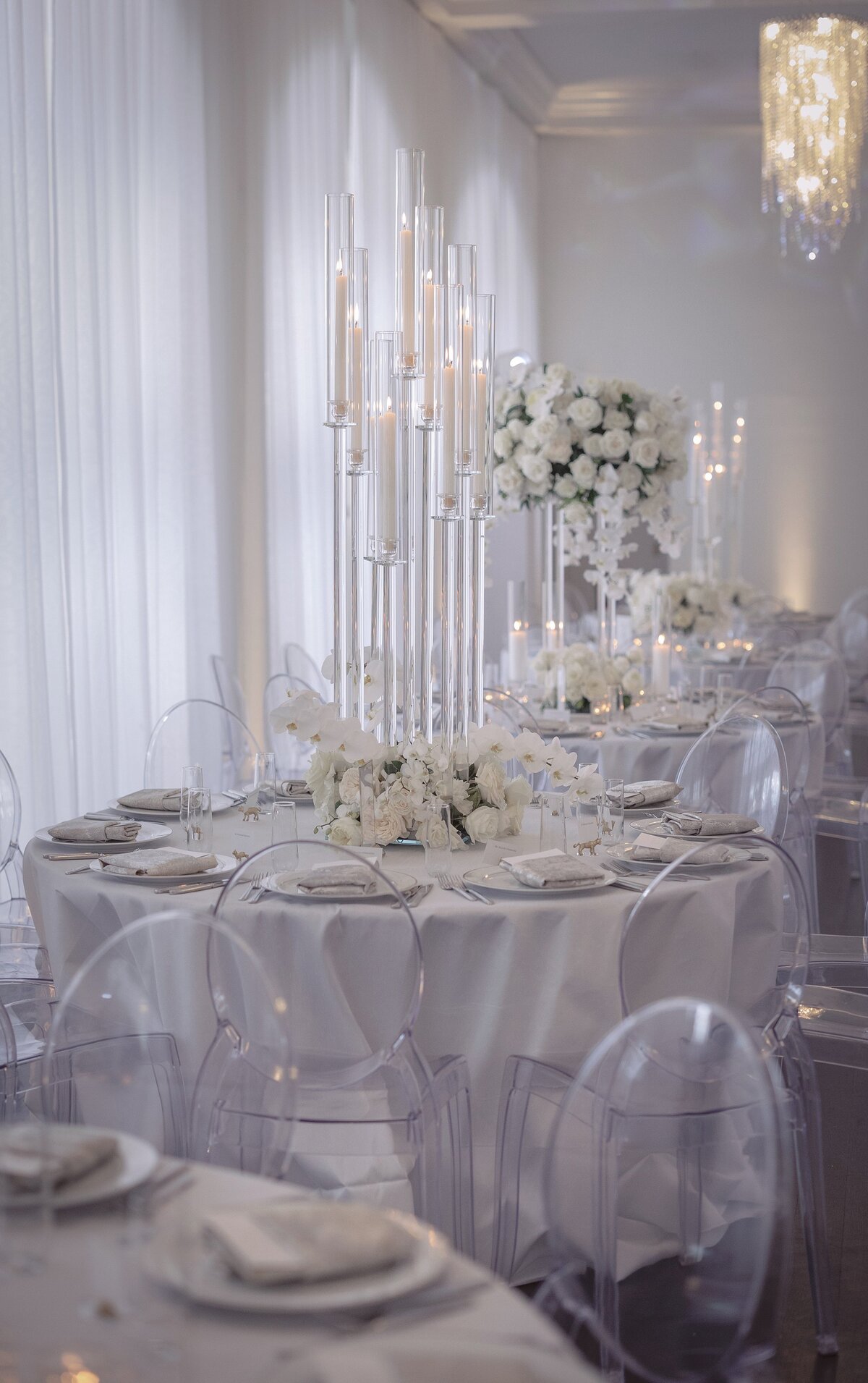 Modern clear reception decor by Stone Blossom at Belle Mer, Newport.