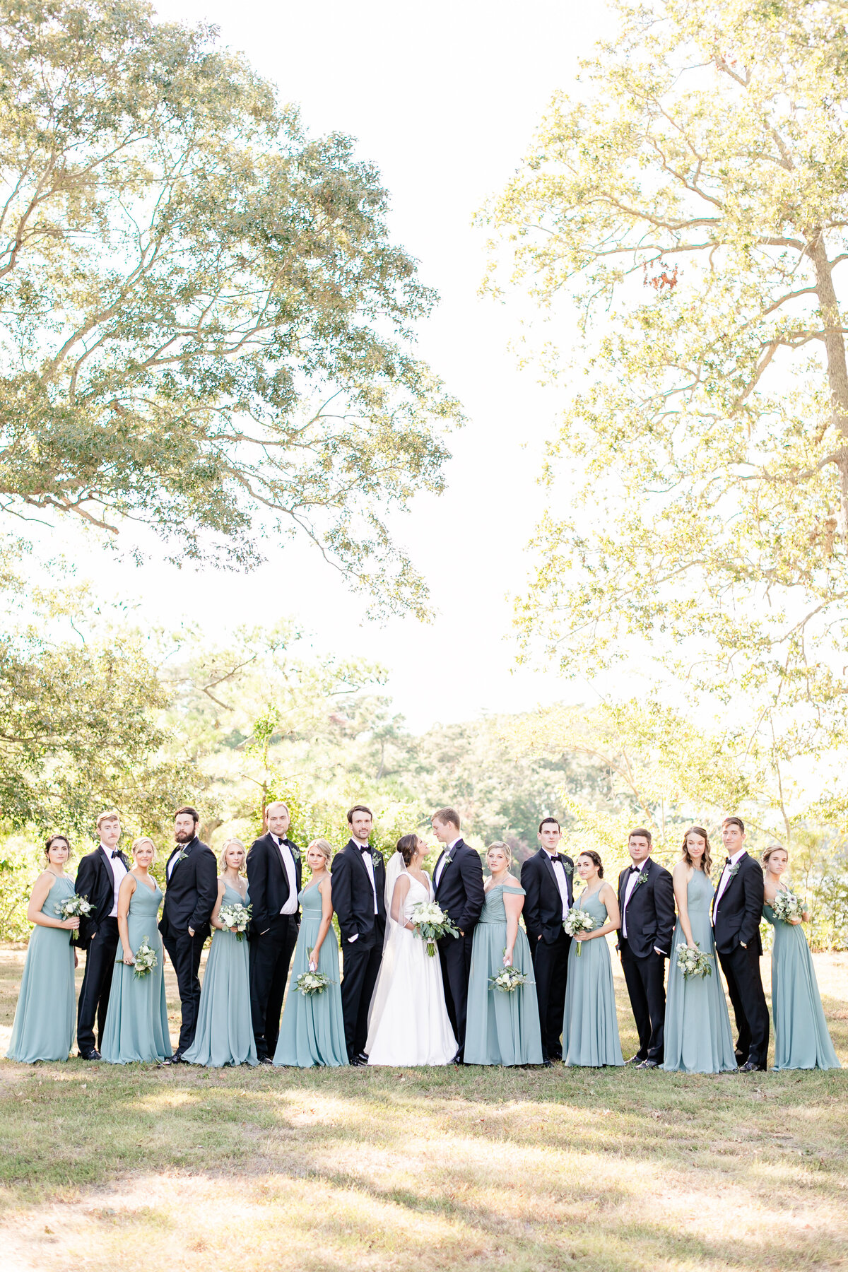Bride and groom with their wedding party at black tie wedding.