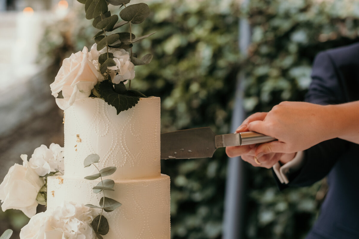 Close-up of the wedding couple cutting their wedding cake.