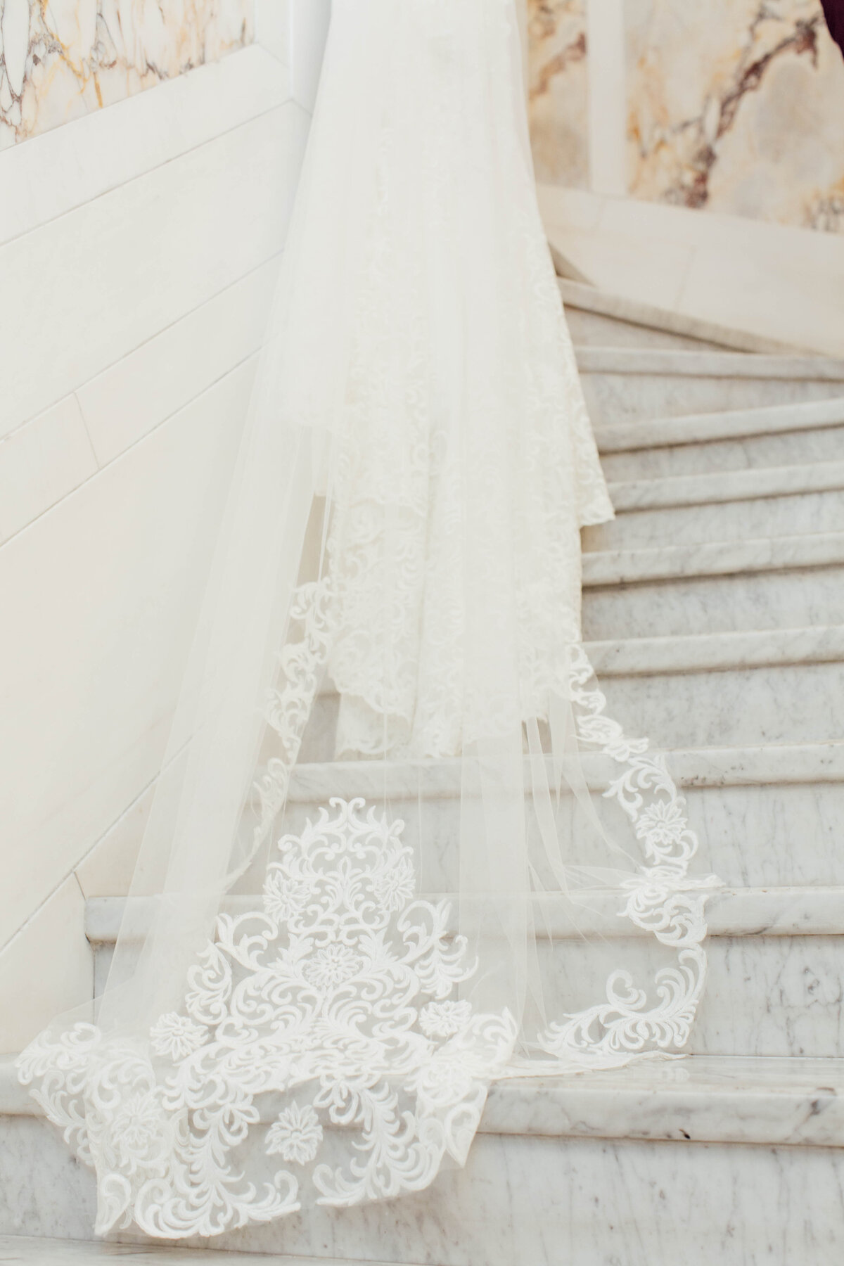 Veil and lace detail of wedding dress. 