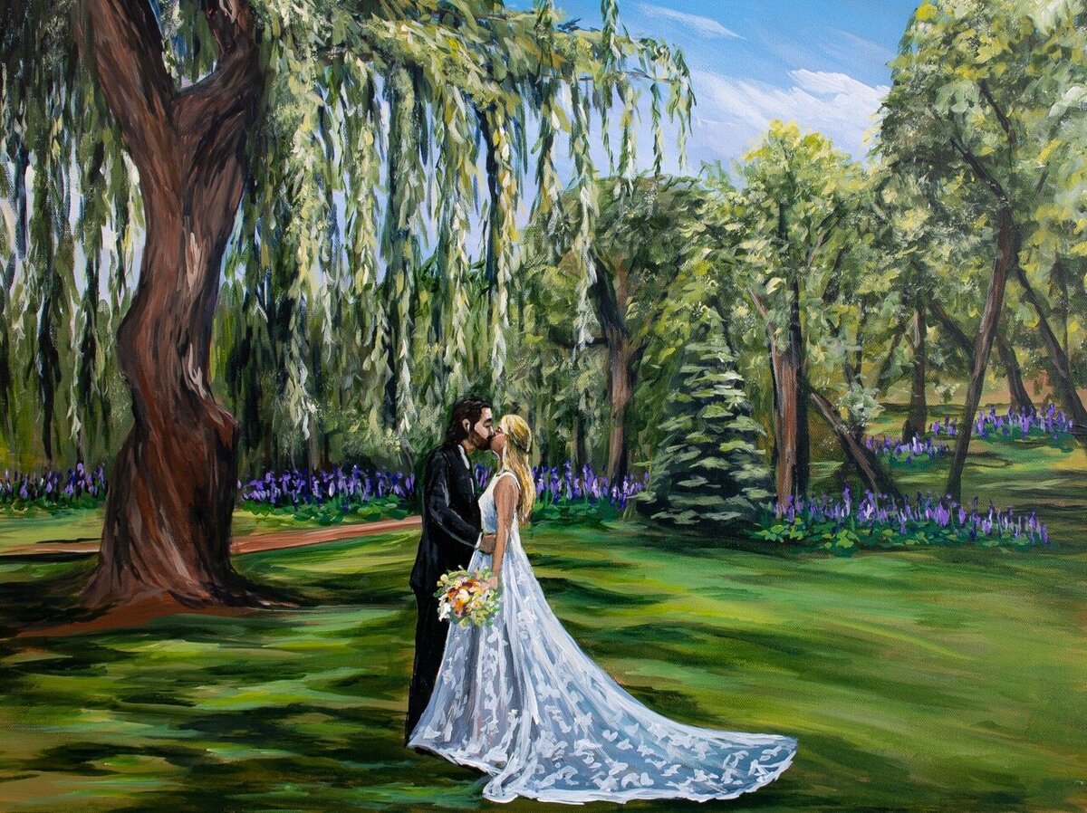Outdoor live wedding painting under a willow tree at Riverview barn in Sioux Falls