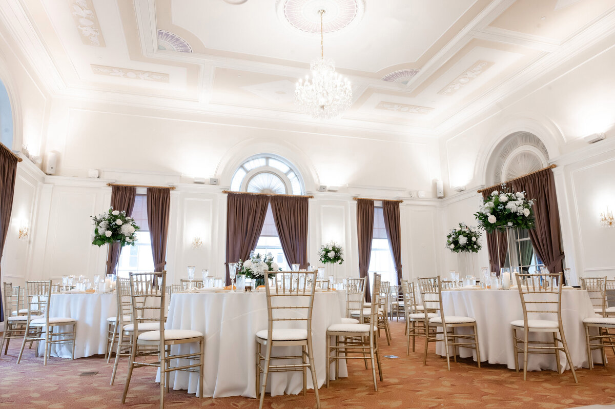 wedding reception setup in the ballroom at the university club