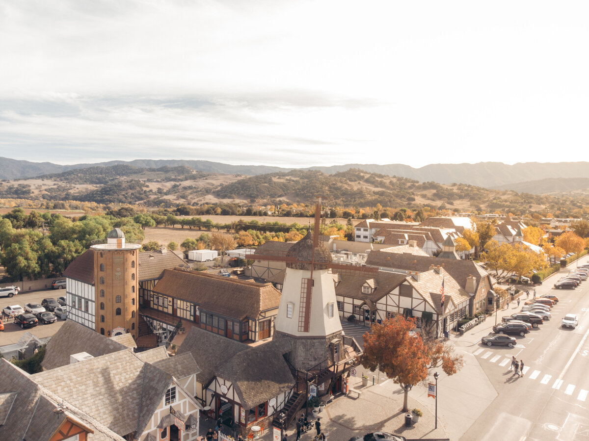 Overhead photo of Solvang's downtown ares