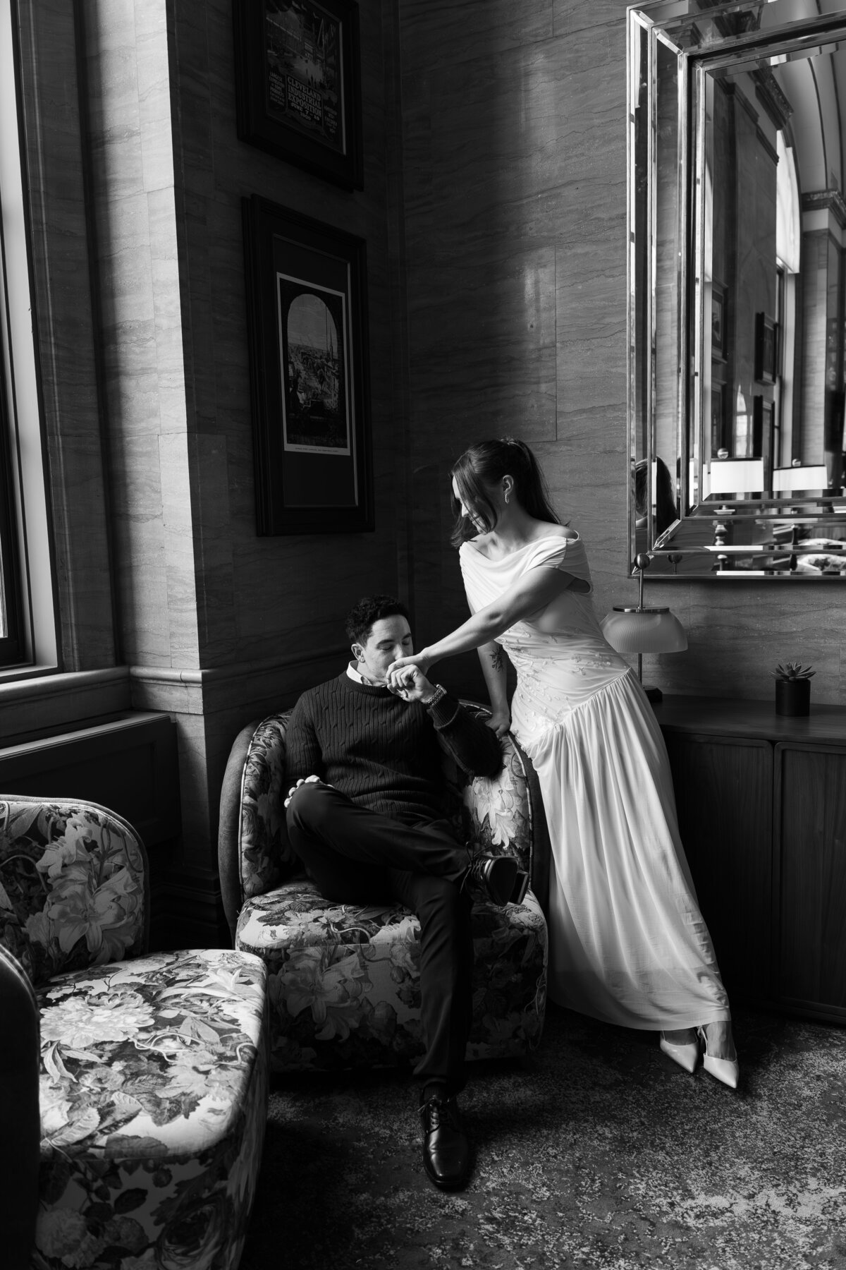 intimate engagement photos in luxury hotel bar in Cleveland, Ohio