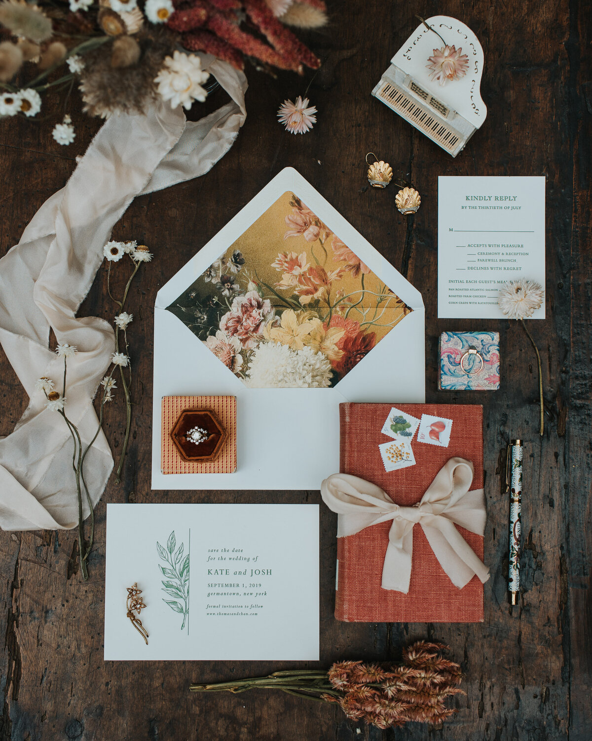 Luxury fall wedding invitation with bespoke letterpress design.