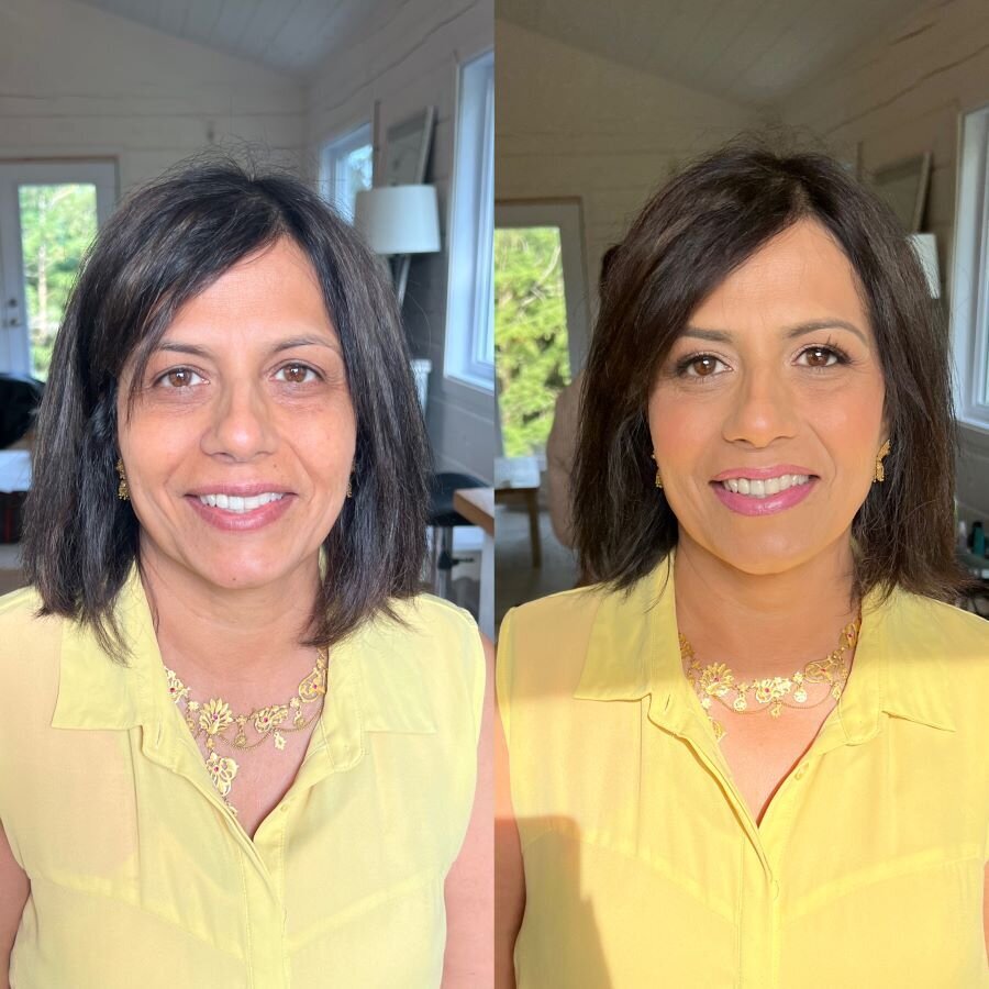 Sophisticated party makeup in Ottawa: Softly blended shadows and a subtle lip color enhance a refined ensemble.