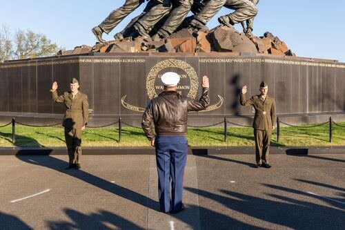 US Marine Corps War Memorial Officer Ceremony being sworn in