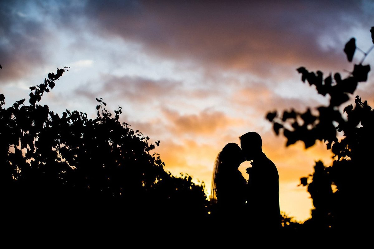 Silhouette of Bride and Groom kissing at night