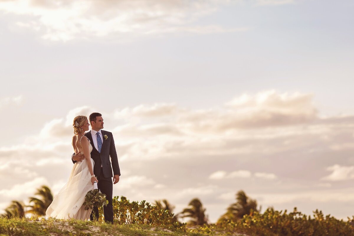 Editorial portrait  of bride and groom at wedding in Cancun