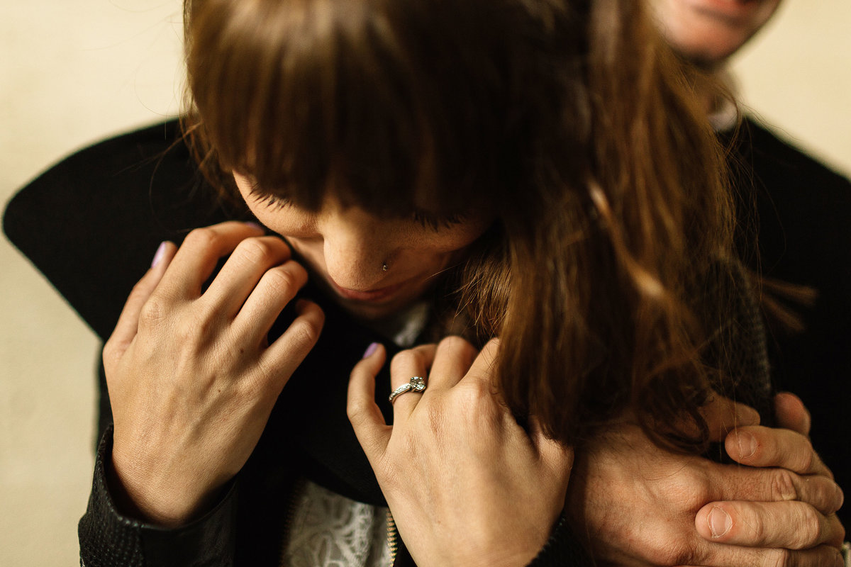 A close up photograph of a couple in an embrace on their York pre wedding shoot