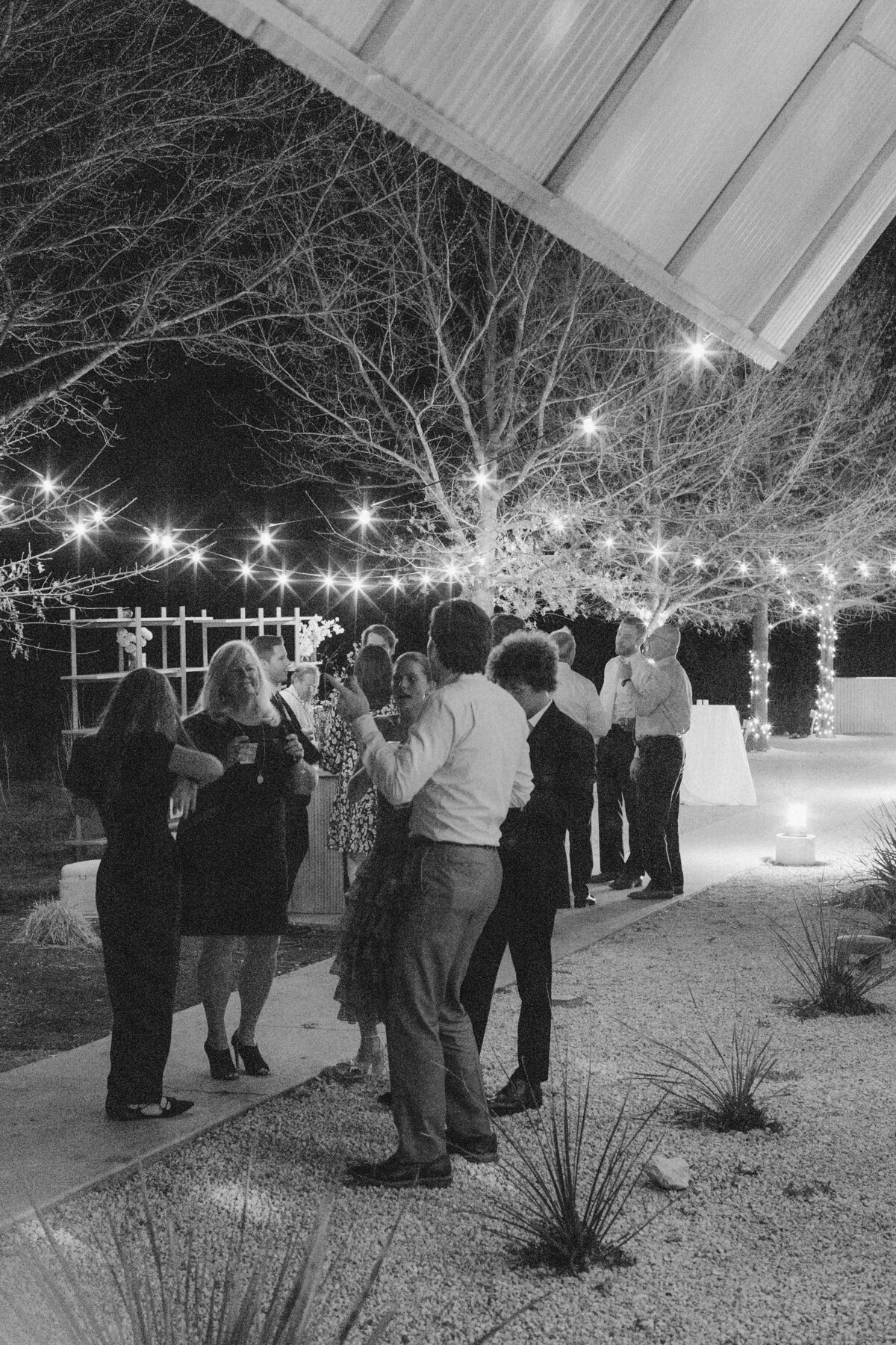 Wedding guests enjoying outdoor wedding reception at Prospect House, Austin