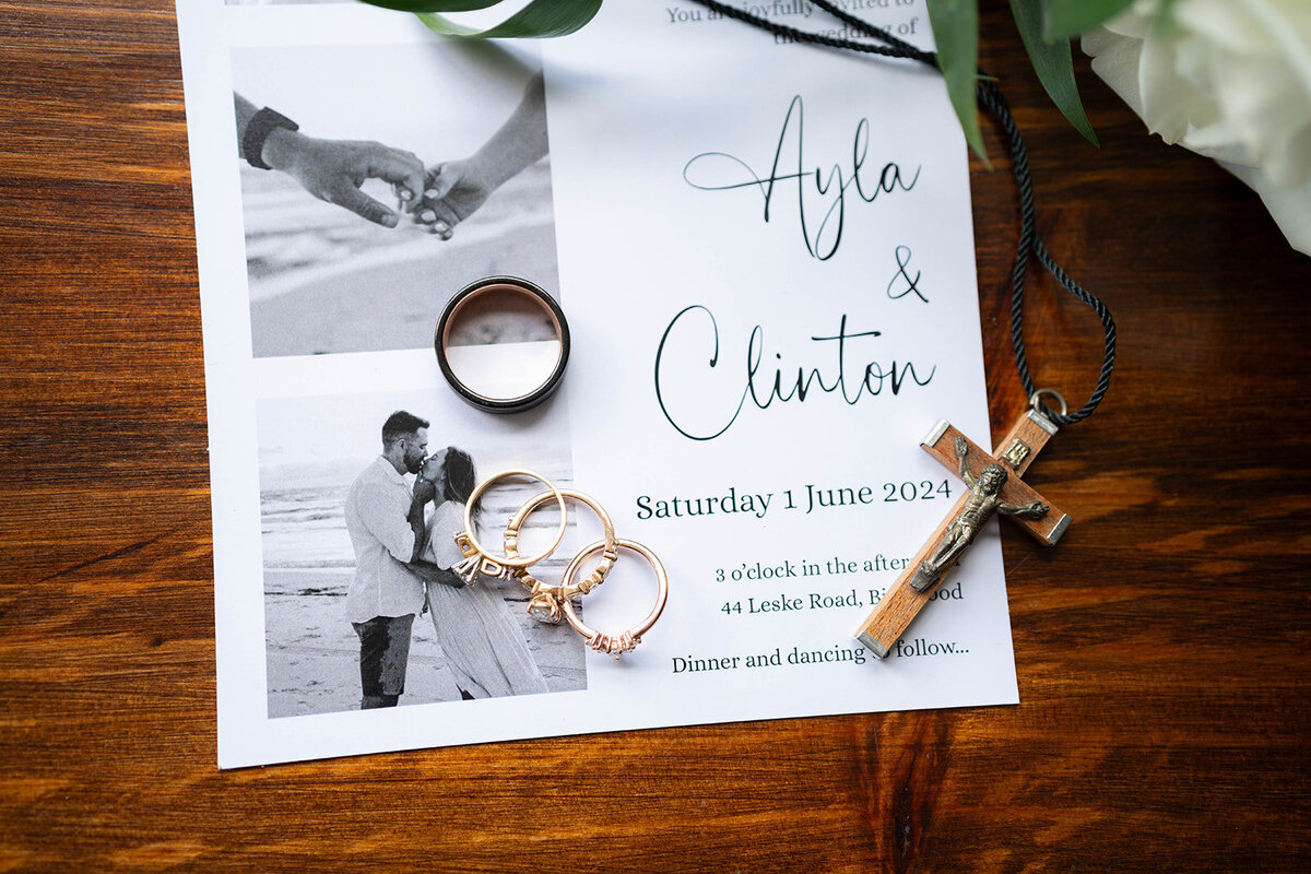 The brides wedding details in a flat lay