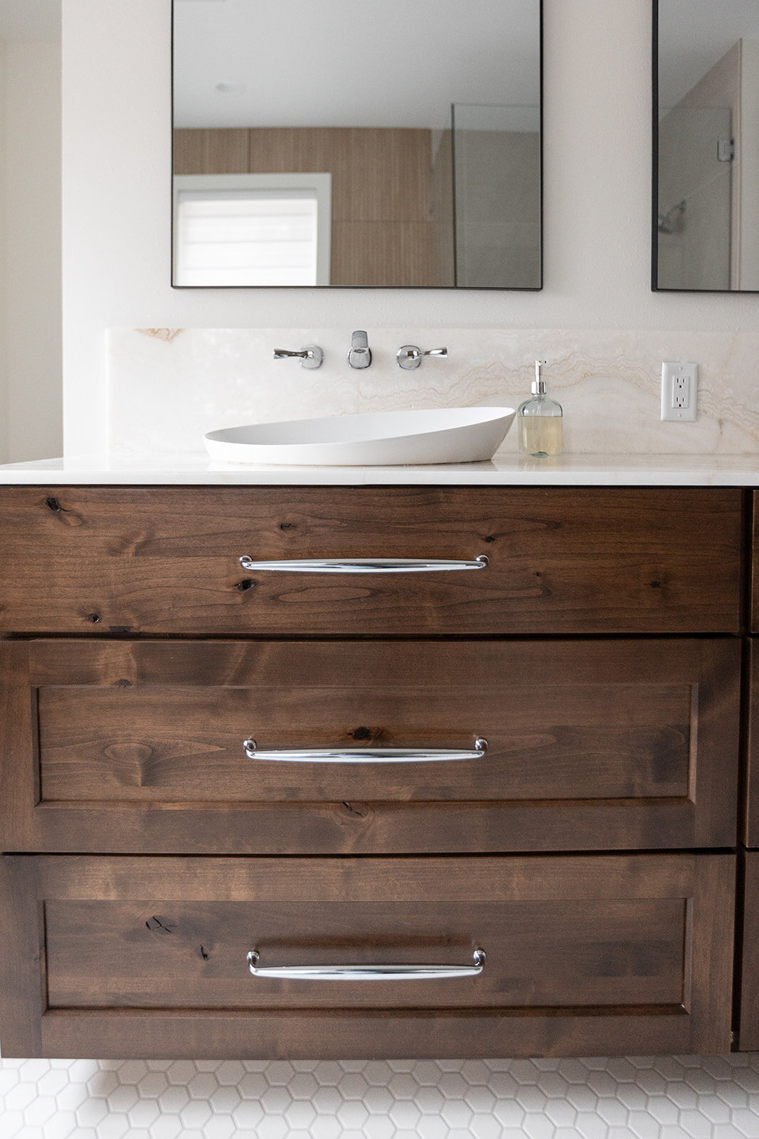 michele rosenboom design clean country renovation dark wood vantiy drawers with silver handles