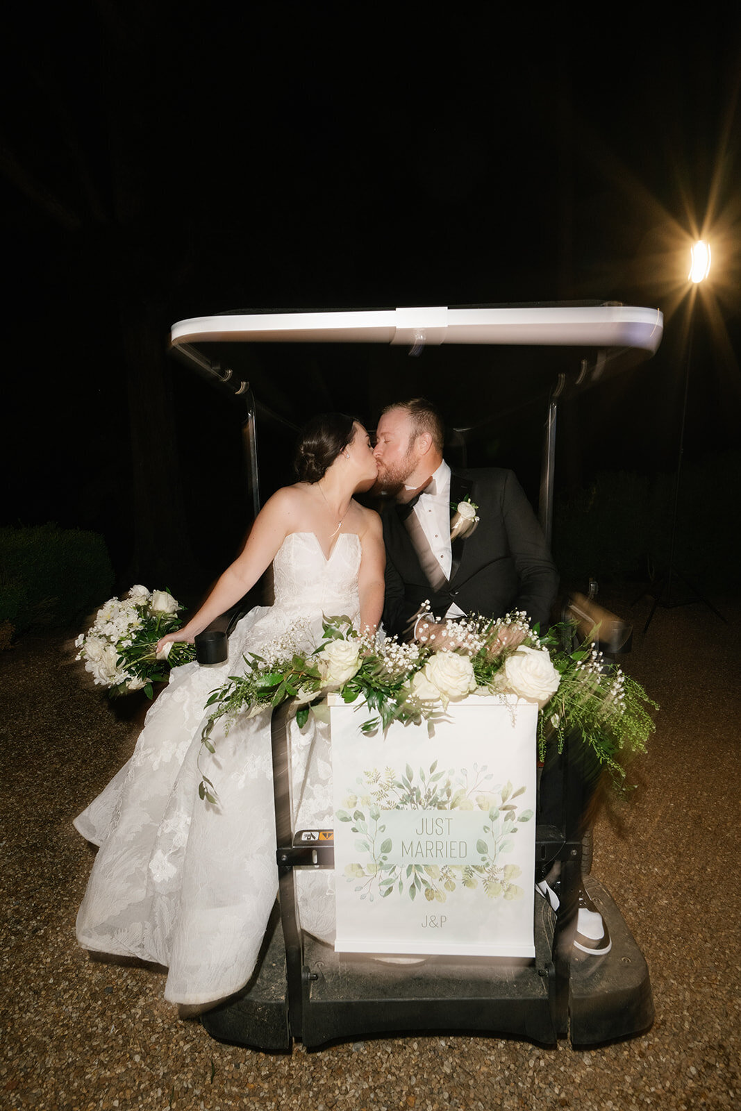 bride and groom sparkler exit on golf cart