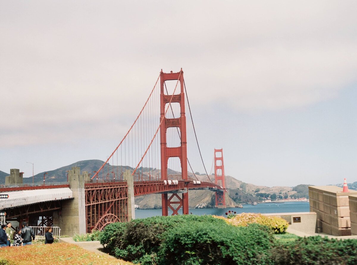 A panoramic photo of the Golden Gate Bridge in San Francisco California from the road