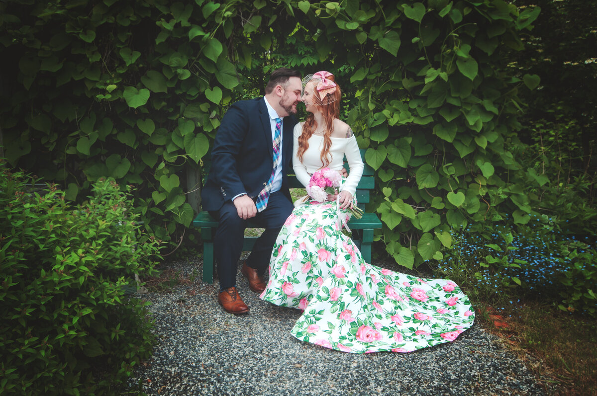 Bride and groom in garden backyard wedding Eliot Maine