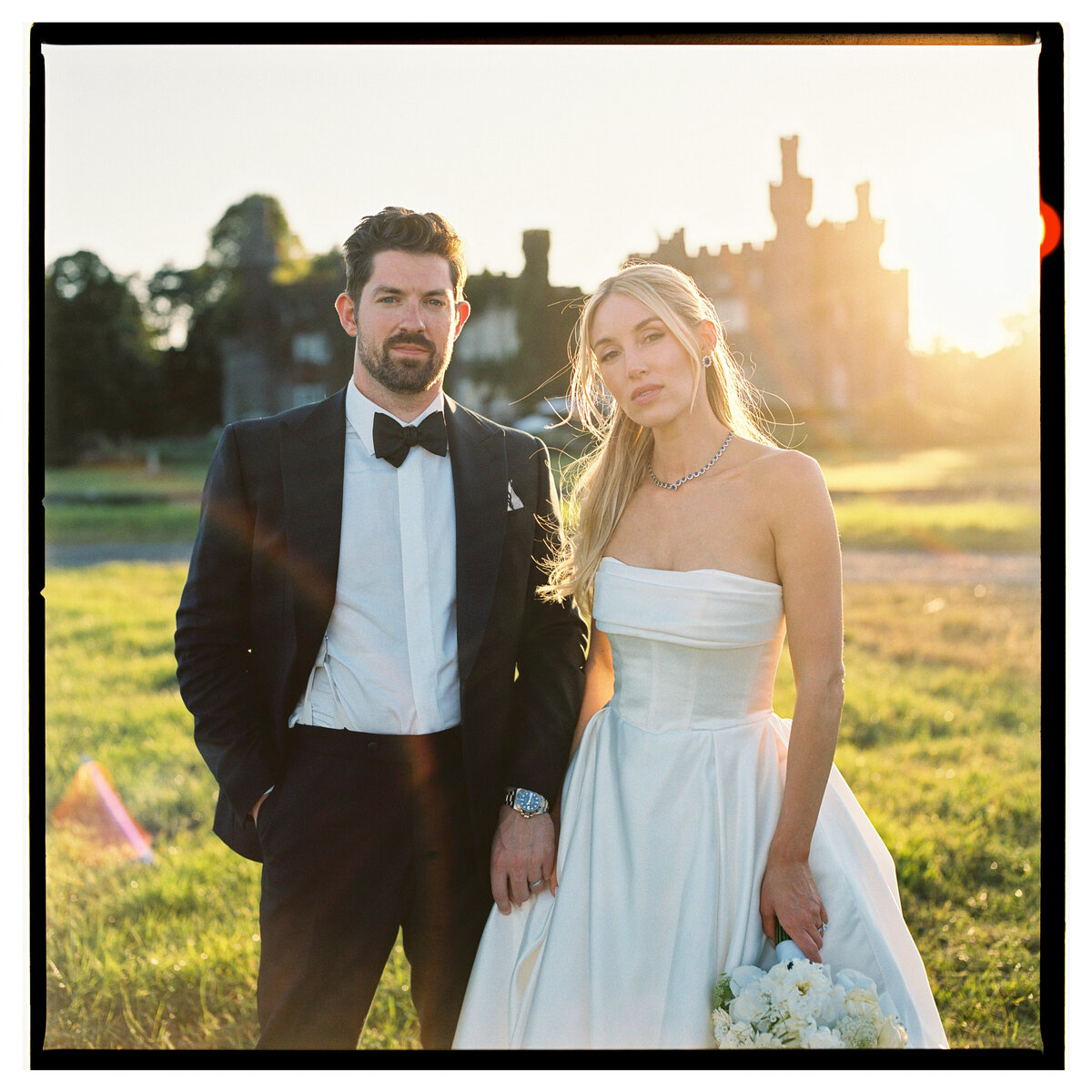 Sunset wedding portrait at Luttrellstown Castle, medium format analogue wedding photography by The Falkenburgs Studio