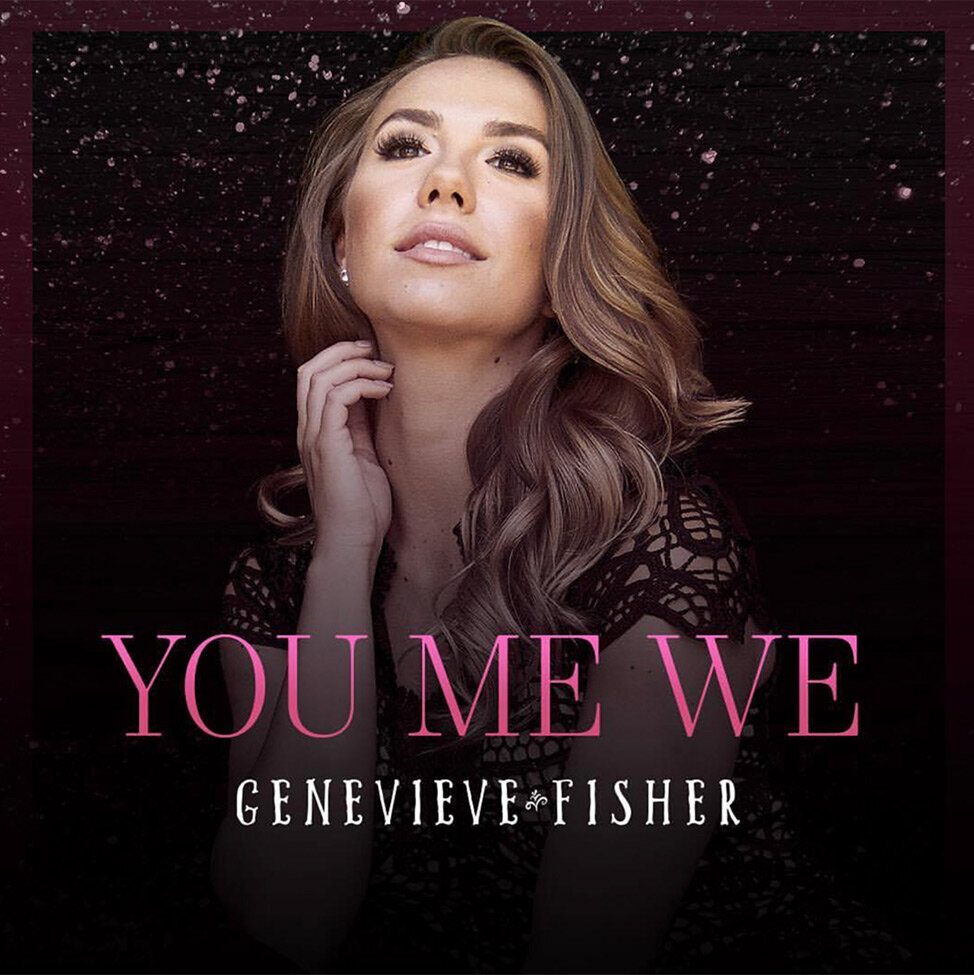 CD Single Cover Genevieve Fisher Title You Me We Closeup of Singer against black sequin backdrop looking up with hand to her neck