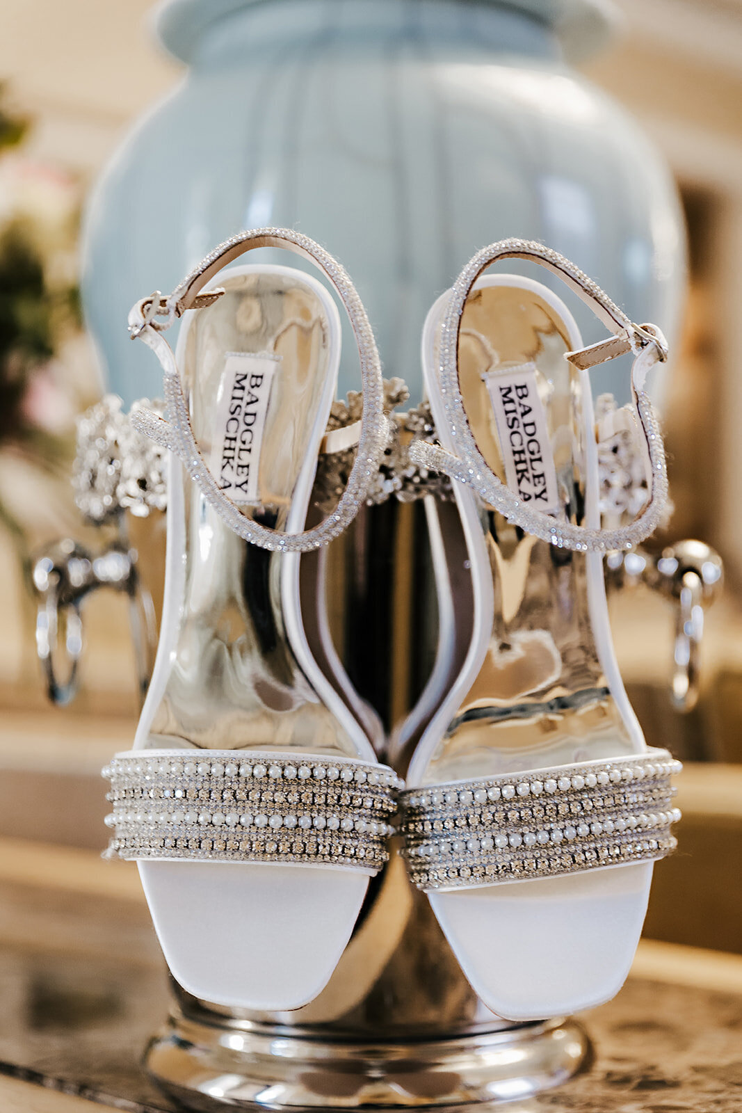 White and sparkly bridal shoes at The Broadmoor Hotel in Colorado Springs, Colorado.