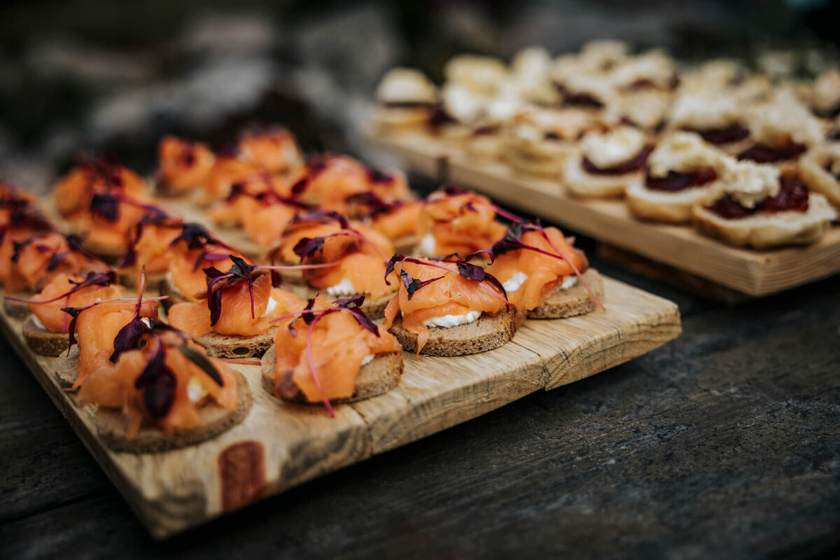 A close up of a tray of canapes on a table