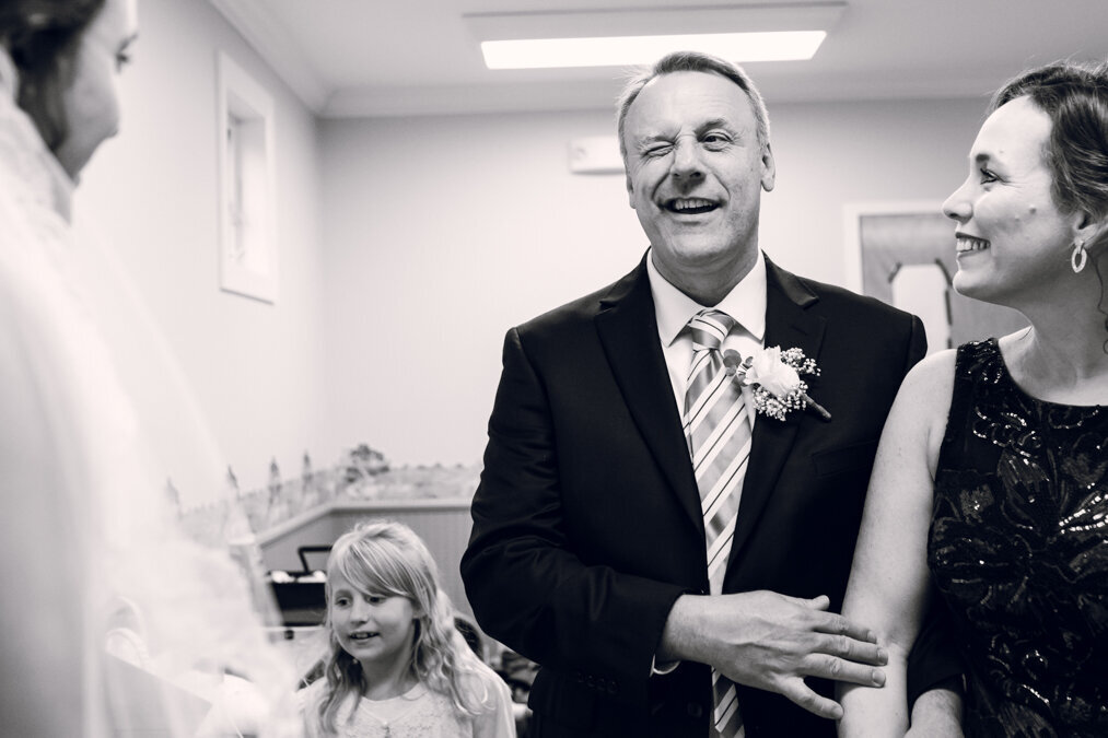 A dad seeing his daughter for the first time in her wedding dress.