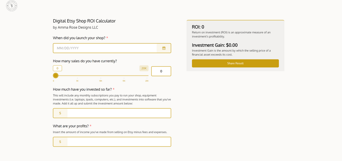 Digital Etsy Shop ROI Calculator