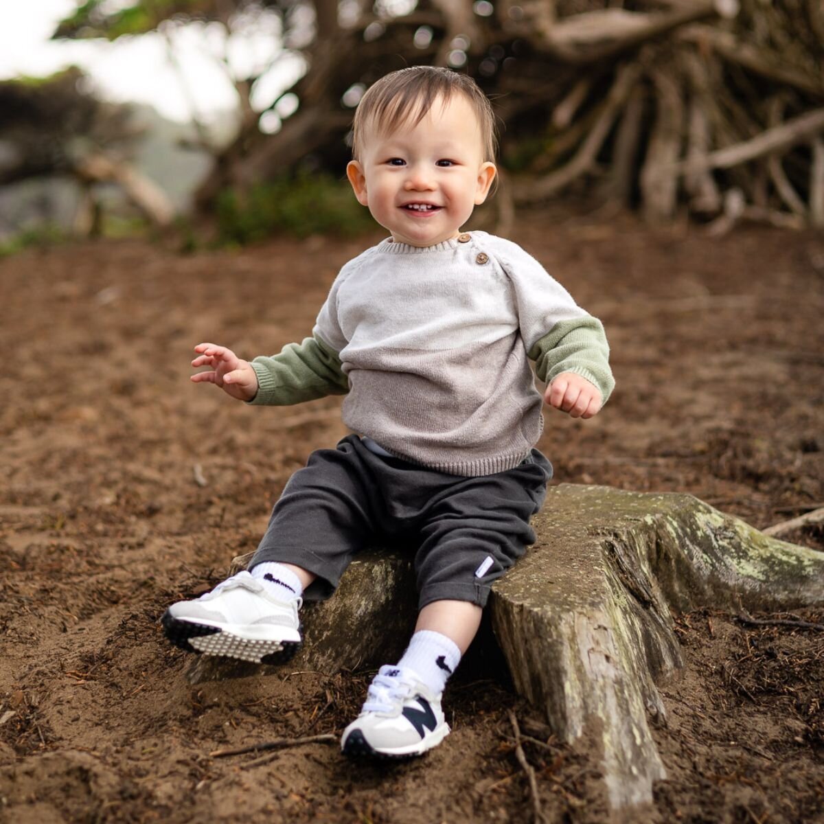 Smiling baby sitting on a tree stump during Bay Area school photography lifestyle portrait – Ellobelle Photography