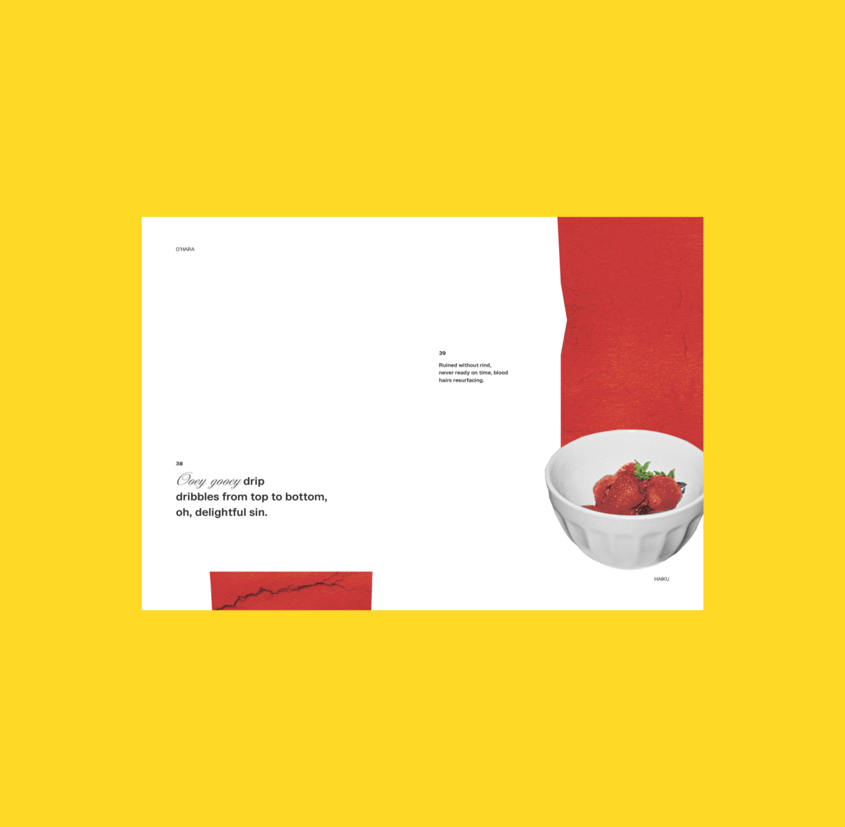 A white bowl with strawberries against red geometric texture. The text reads: “Ooey gooey drip dribbles from top to bottom, oh, delightful sin.” Accompanied by a second poem referencing blood and time.