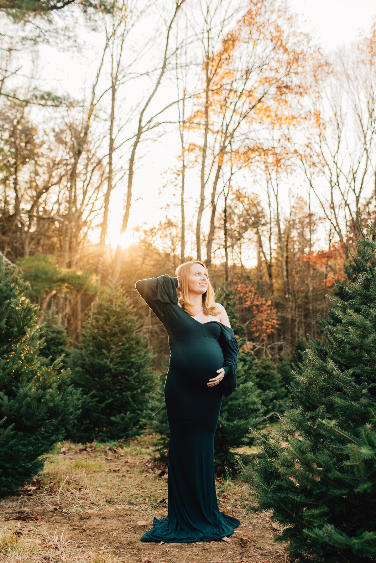 A pregnant mom looking up at the sky with her hand on her belly, wearing a dark green dress at the Christmas Tree Farm.