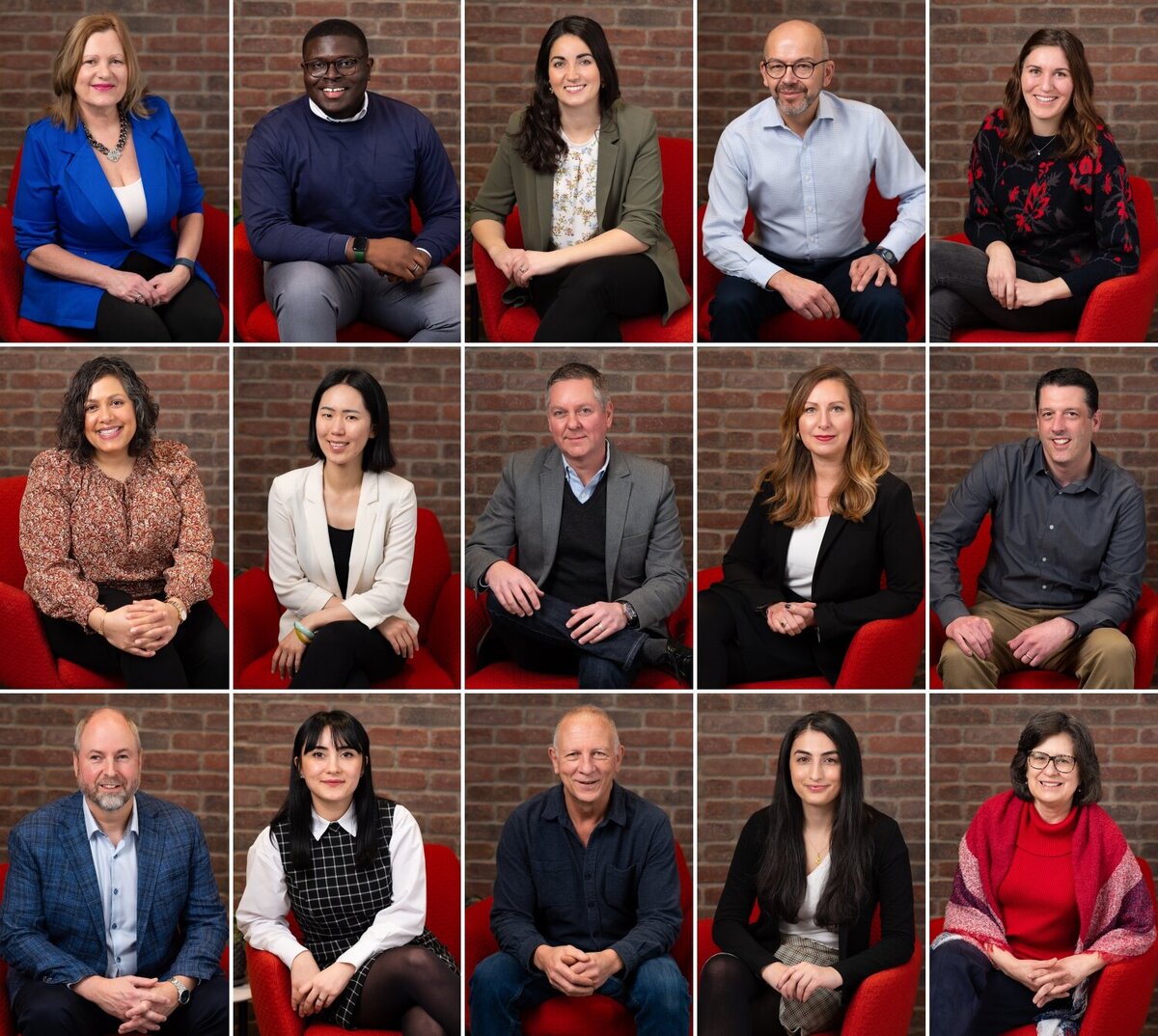 Ottawa corporate photography of subjects sitting in a red chair against a brick wall backdrop.  Captured on location by JEMMAN Photography COMMERCIAL