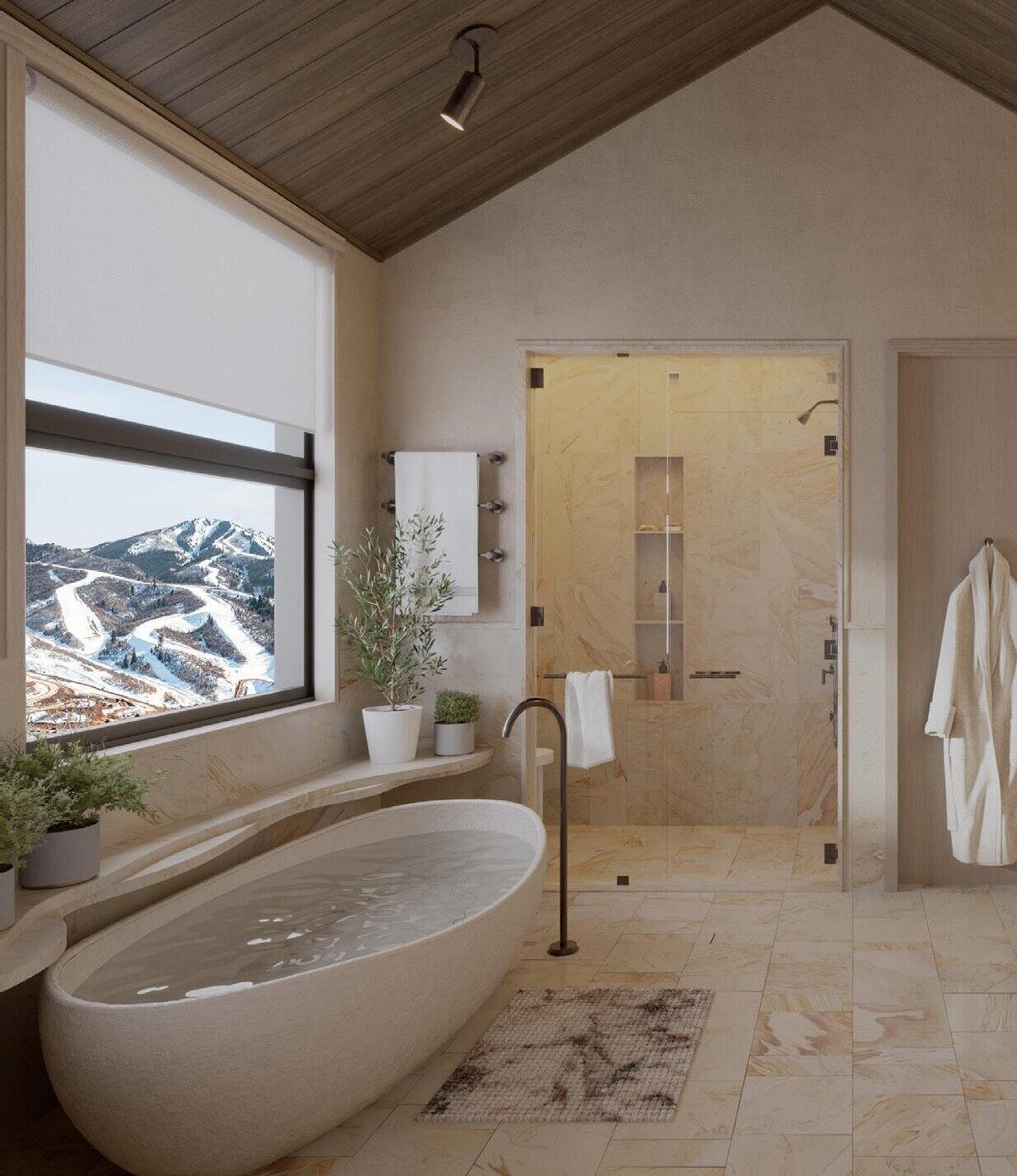 Rendering of modern bathroom with freestanding tub and stone accents