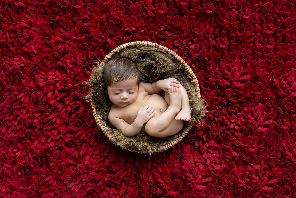 newborn boy in a bowl on a red background.
