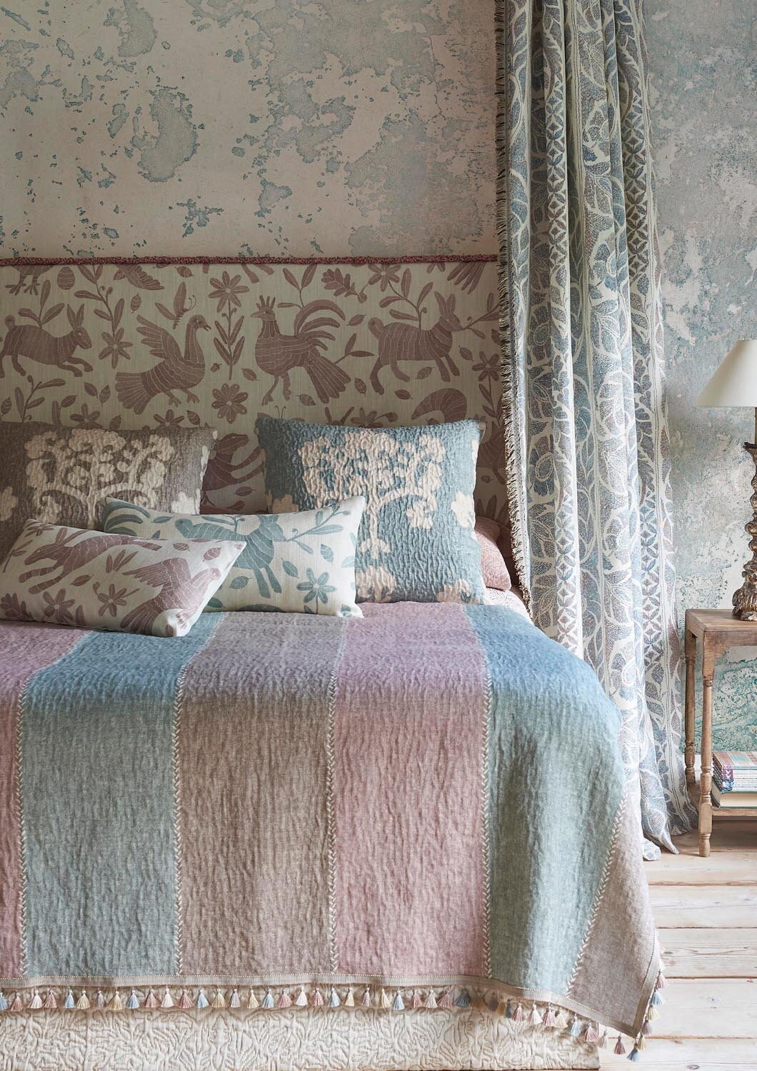 OTOMI Bunny Pink Headboard - KASHMIRI Crewel Ginger Curtain - CARAVAN Tea Rose Bedspread - Lewis and Wood