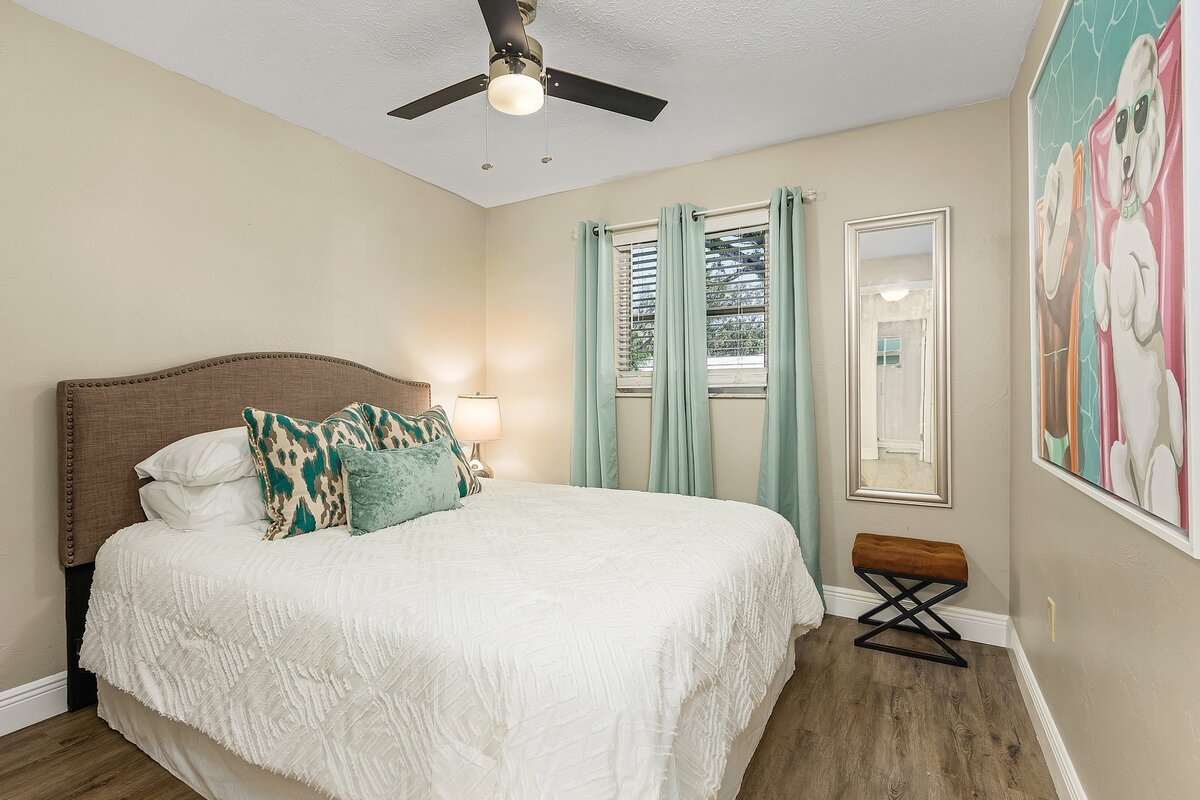 short term rental bedroom with blue accents