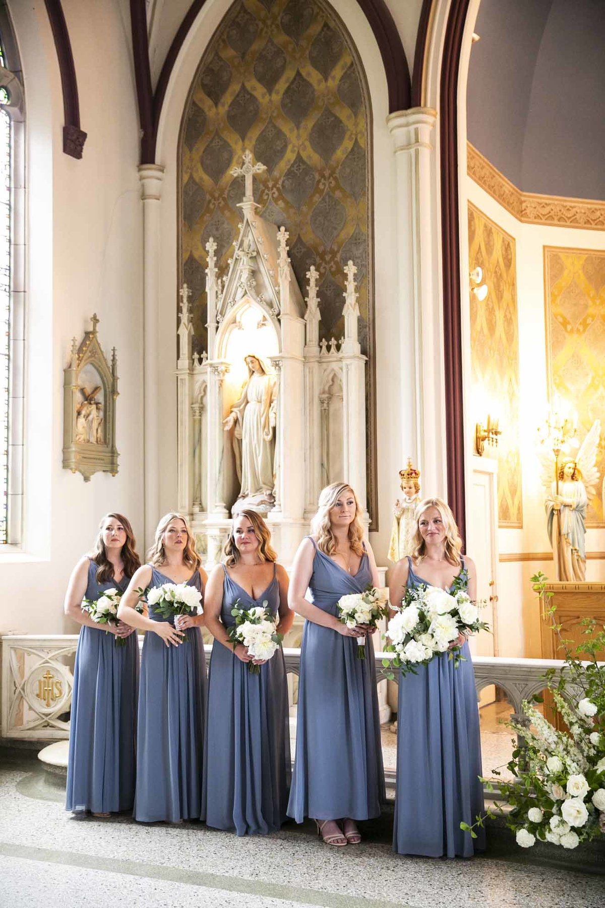 5 brides maids in French blue long dresses at Villa Academy Seattle wedding