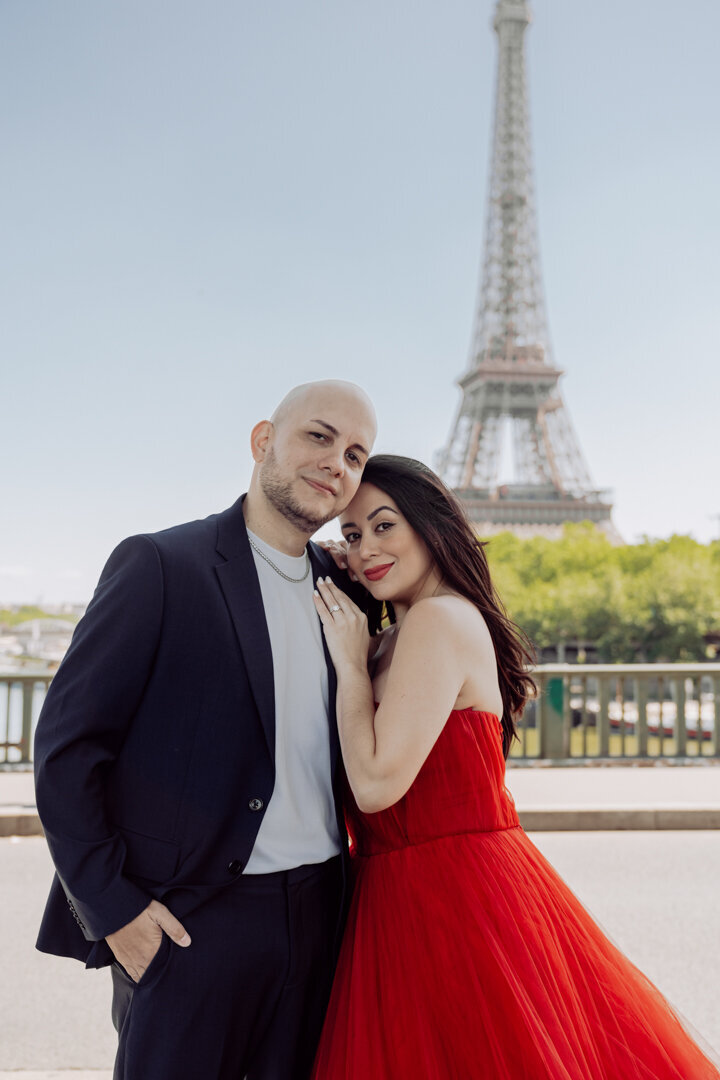 Intimate couple close-up portrait Paris, Eiffel Tower background, romantic photography moment
