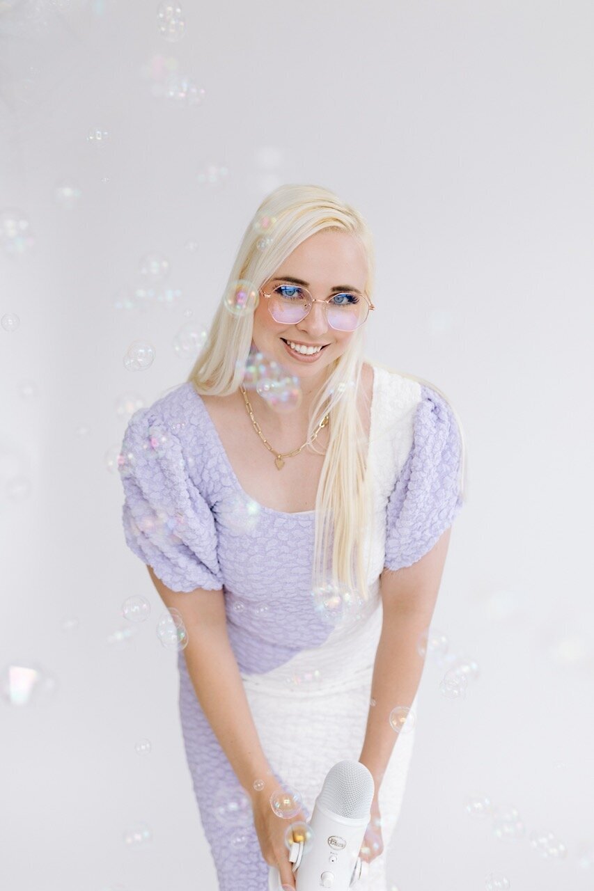 podcast host with white mic