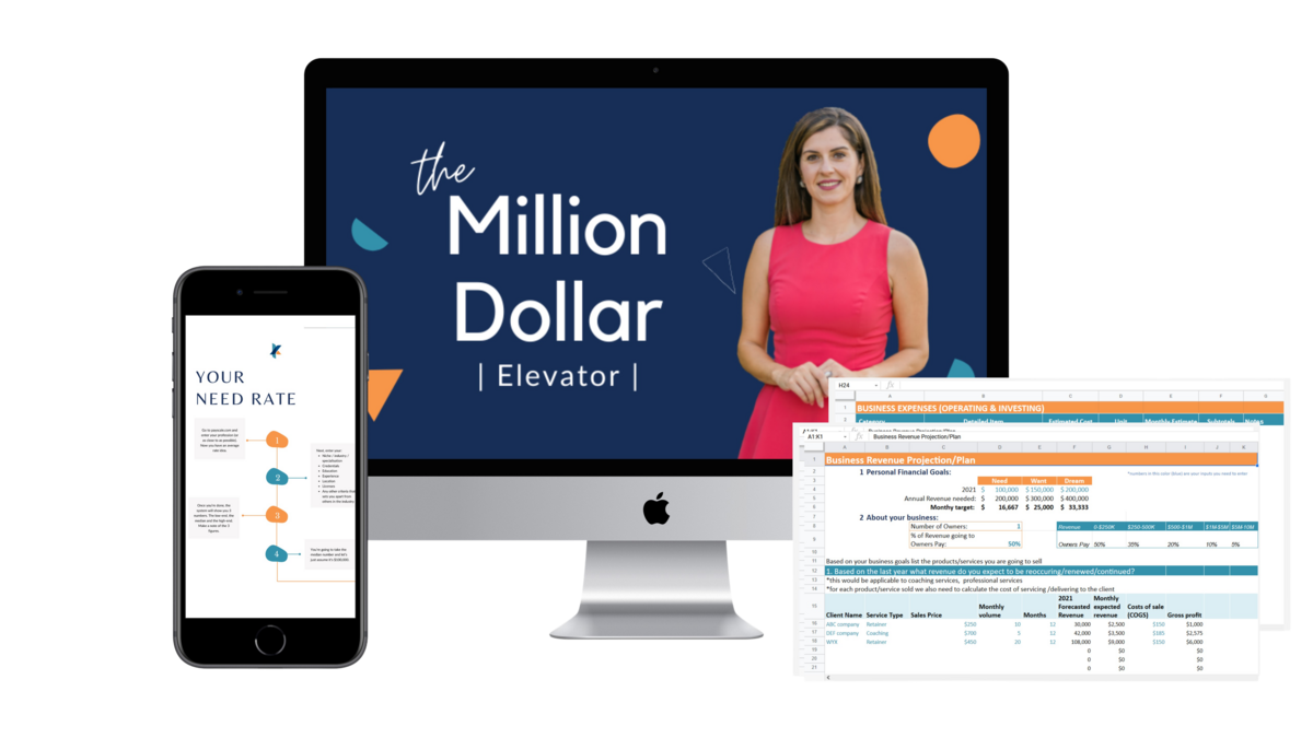 The Million Dollar Elevator collage of templates, spreadsheets, PDFs illustrated on desktop and mobile versions