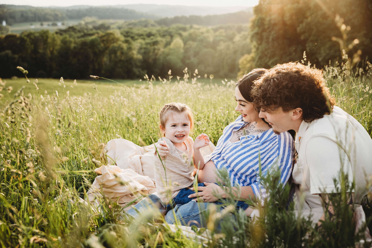 family sitiing on blanket in grass in portrait session with reva davis photography