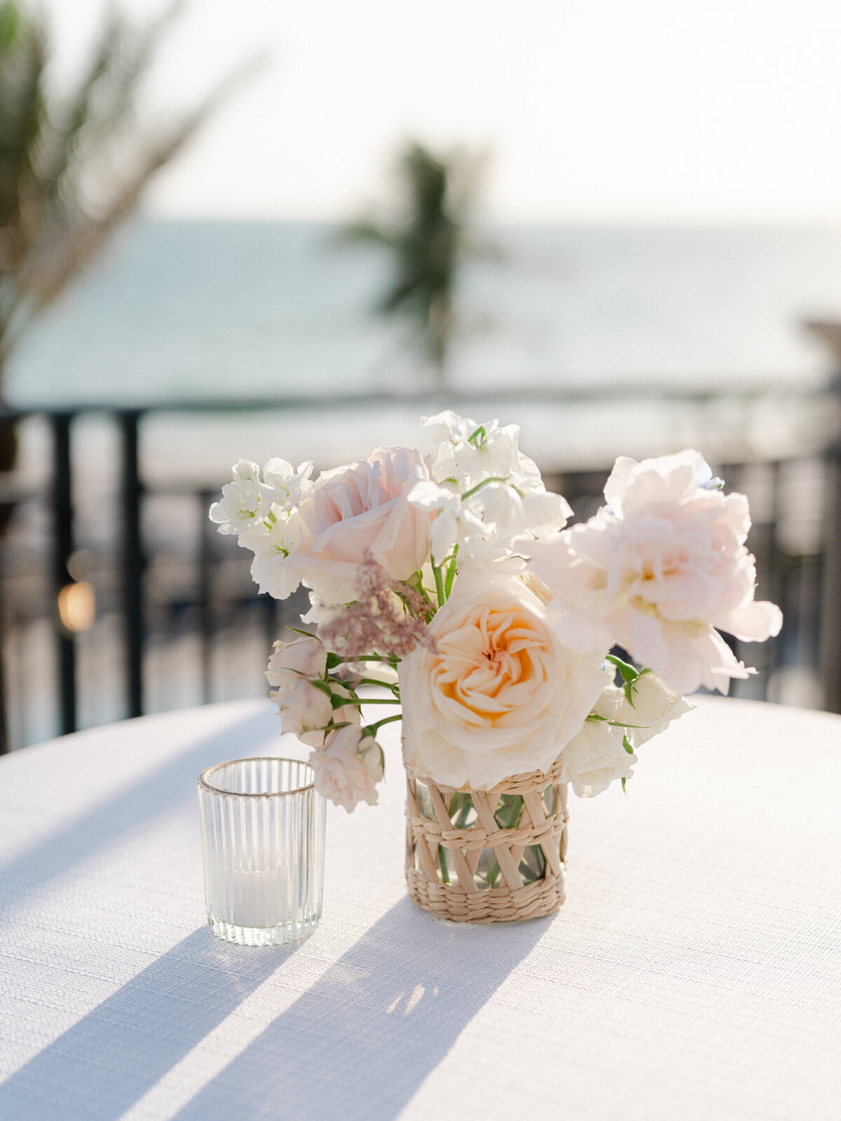 Cocktail hour centerpiece for beachside wedding