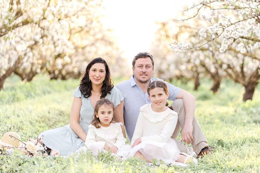 Brisbane family of 4 poses amidst the light and airy plum blossoms; timeless beauty.